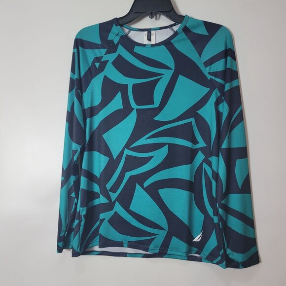 NAUTICA Navy Blue and Teal  Long Sleeve Abstract Pattern Top with Nautica Logo - Picture 7 of 12